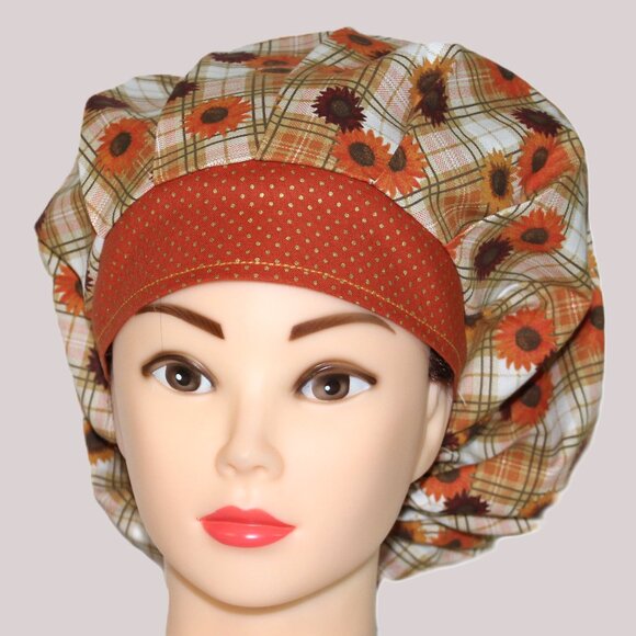 Womens Autumn Plaid Bouffant Scrub Cap, Handmade NWOT - Picture 3 of 7